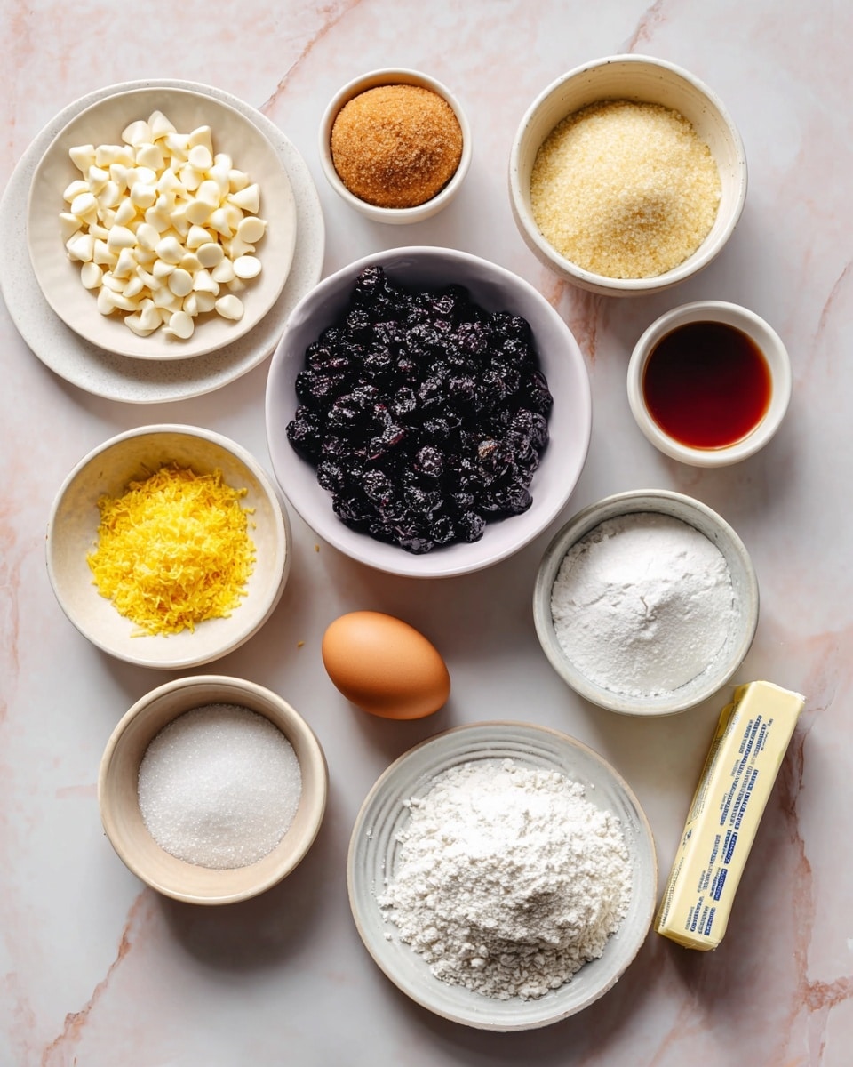 The image shows nine small white bowls and plates arranged on a white marbled surface. In the center, there is a white bowl full of dark dried blueberries. Surrounding it are other bowls: one with white chocolate chips, one with golden brown sugar packed into a round shape, another with fine white sugar, and one with lemon zest in a bright yellow color. There is also a small bowl holding a single brown egg, a bowl with a red-brown liquid, and a plate with white salt and baking powder. To the right of the bowls is a stick of butter wrapped in paper with some blue text visible. Photo taken with an iphone --ar 4:5 --v 7