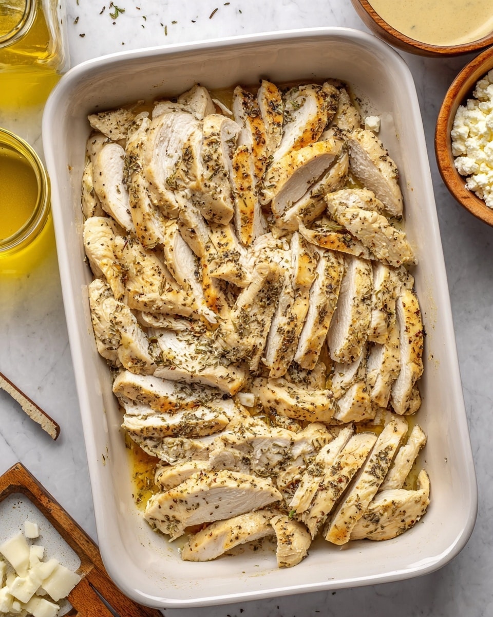 The image shows a wooden cutting board with four groups of ingredients neatly arranged in layers: thin red and yellow pepper rings on the top left, halved small red potatoes on the top right, sliced green cucumbers in circular shapes on the bottom right, and green olives stuffed with red pimento on the bottom left. Around the cutting board are various white bowls and containers including one with raw light-colored chicken pieces on the top right, a white bowl with fresh green salad at the bottom, a small bowl with crumbly white cheese, a small bowl with green herbs and salt, a small bowl of creamy dressing near the center, and a whole dark avocado on the right side. All items are set on a white marbled surface. photo taken with an iphone --ar 4:5 --v 7