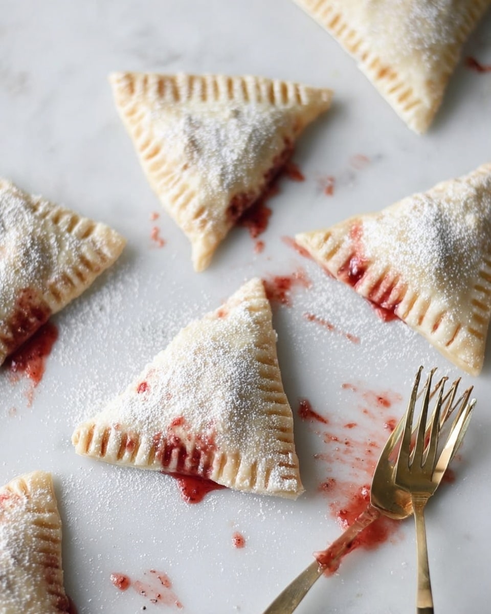 The image shows six small, triangular-shaped pastries placed on a white marbled surface, each with a pale dough dusted lightly with flour. The edges of the pastries are pressed down with fork marks, creating a ridged border. Red jam or filling leaks slightly from some pastries, leaving small splashes and spots around them on the surface. A gold-colored fork lies near the bottom right corner with traces of the red filling on its tines. The overall look is soft and homemade with a slightly messy, natural presentation. Photo taken with an iphone --ar 4:5 --v 7