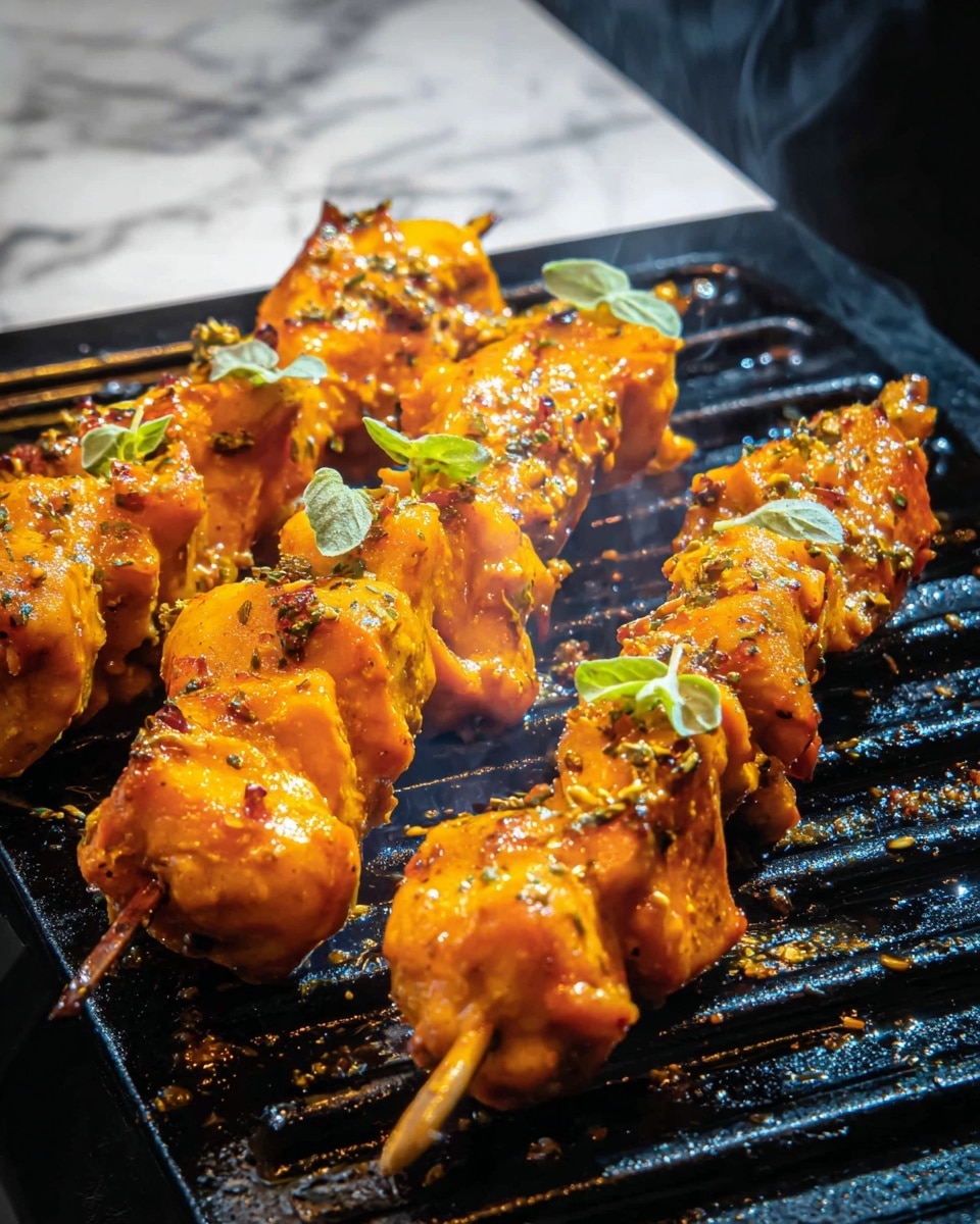 The image shows three skewers placed on a hot black grill with visible steam rising, indicating cooking in progress. Each skewer is layered with chunks of orange-yellow marinated meat coated with spices and herbs, giving a textured and glossy appearance. Small green leaves garnish the top of the skewers, adding color contrast. The grill has some oil and spice residues that reflect the light, enhancing the cooked food's appeal. The background has a white marbled texture. photo taken with an iphone --ar 4:5 --v 7