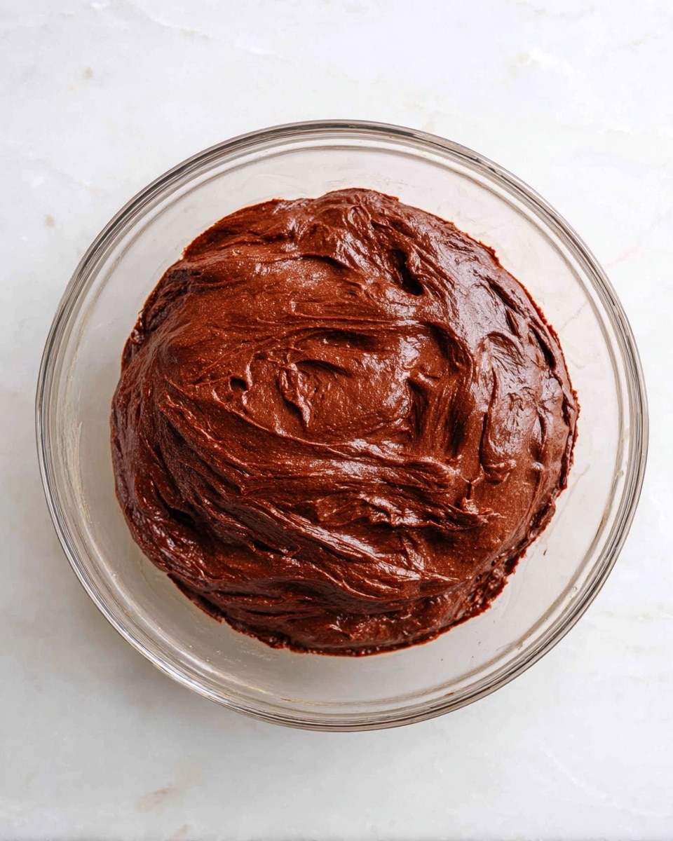 This image shows a clear round glass bowl filled with thick, dark brown chocolate batter. The batter has a smooth, creamy texture with visible swirls and folds on the top layer, showing it has just been mixed. The bowl sits on a white marbled surface, and the light creates slight shiny spots on the batter, making it look rich and glossy. photo taken with an iphone --ar 4:5 --v 7