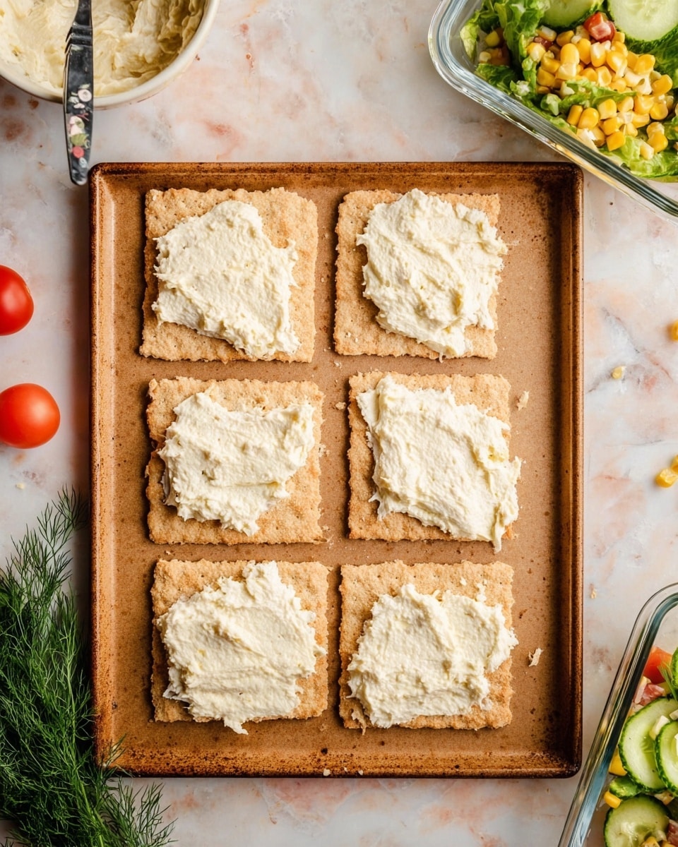 The image shows a brown baking tray with four rectangular crispbreads placed in two rows of two, each topped with a thick, creamy white spread. The crispbreads have a slightly golden, toasted color with rough edges, and the spread is unevenly but generously spread on each piece. In the top left corner, there is a white bowl with more of the spread and a woman's hand holding a spoon inside it. In the top right corner, there is a clear glass container with a colorful salad including green lettuce, yellow corn, and red pieces. The background is a white marbled surface scattered with a cherry tomato, green cucumber slices, and sprigs of dill. Photo taken with an iphone --ar 4:5 --v 7