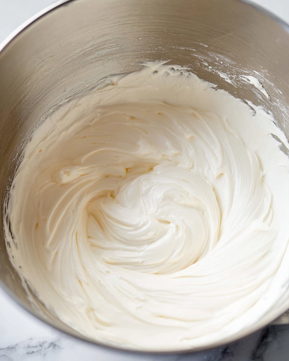 A close-up image of thick, smooth, and creamy white frosting swirling inside a shiny stainless steel mixing bowl. The frosting has a soft, glossy texture with visible swirls and peaks formed by stirring. The inside sides of the bowl show remnants of the frosting, adding a textured look. The whole scene is set on a white marbled surface. photo taken with an iphone --ar 4:5 --v 7