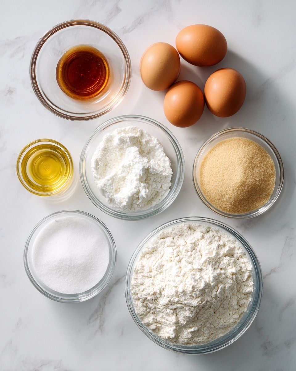 The image shows seven ingredients arranged on a white marbled surface. At the top center, there are six brown eggs grouped closely with a smooth texture. Below and to the left, a small clear glass bowl contains amber liquid labeled vanilla extract. In the center, a medium clear glass bowl is filled with white powdered sugar, fluffy and fine. To the right, a larger clear glass bowl holds light tan granulated cane sugar, with a slightly coarse texture. Below the powdered sugar, a smaller clear glass bowl has white cornstarch, soft and powdery. To the left of the cornstarch, a small clear glass bowl contains white coarse kosher salt. At the bottom right, a large clear glass bowl is heaped with white all-purpose flour, looking powdery and fine. The composition is clean and bright with soft natural light. Photo taken with an iphone --ar 4:5 --v 7
