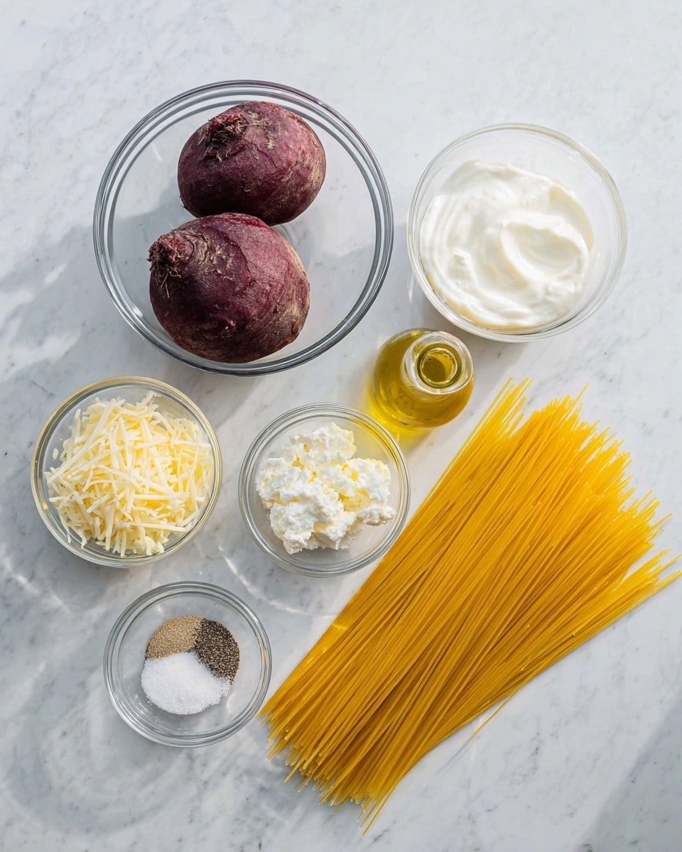 The image shows ingredients laid out neatly on a white marbled surface. In the center, a clear glass bowl holds two whole beets with a dark red color and rough texture. To the right, dry uncooked spaghetti pasta is arranged in a neat bundle, bright yellow and straight. Above the beets, there is a small clear bowl with thick white cream. To the left of the beets, four small clear bowls hold different ingredients: shredded pale yellow cheese, a mix of salt, black pepper, and garlic powder, soft white ricotta cheese, and a glass bottle of yellow olive oil with a long narrow neck. The setup is simple and organized. Photo taken with an iphone --ar 4:5 --v 7