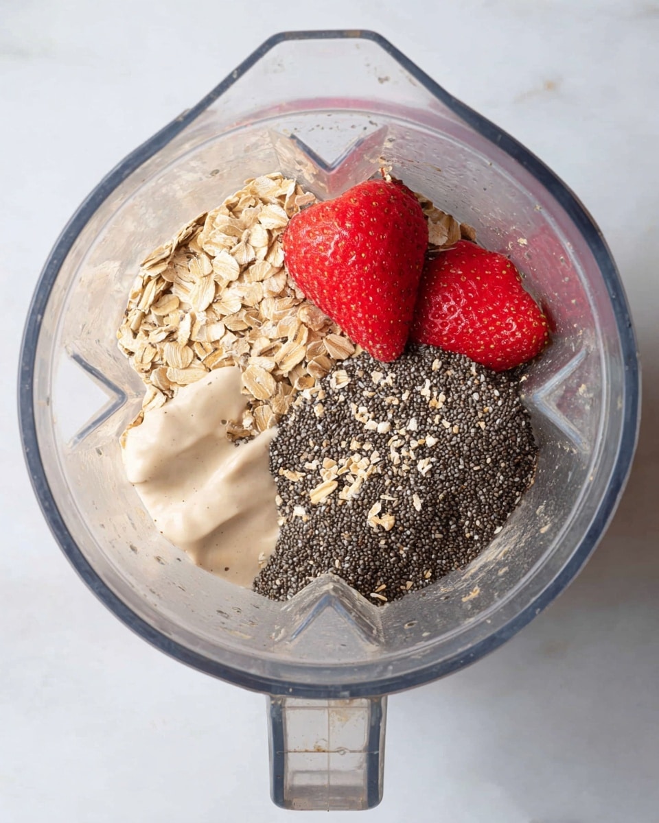 The image shows a clear blender container with four main layers of ingredients from a top view. The bottom layer is a few creamy dollops of a light beige liquid sitting on the white marbled surface below the blender. On top of this, to one side, is a pile of light brown rolled oats with a rough texture. Next to the oats, there are three bright red strawberries with a smooth, juicy surface. The last layer, taking up nearly half the blender, is a thick cluster of small dark gray chia seeds with a slightly bumpy texture. Photo taken with an iphone --ar 4:5 --v 7