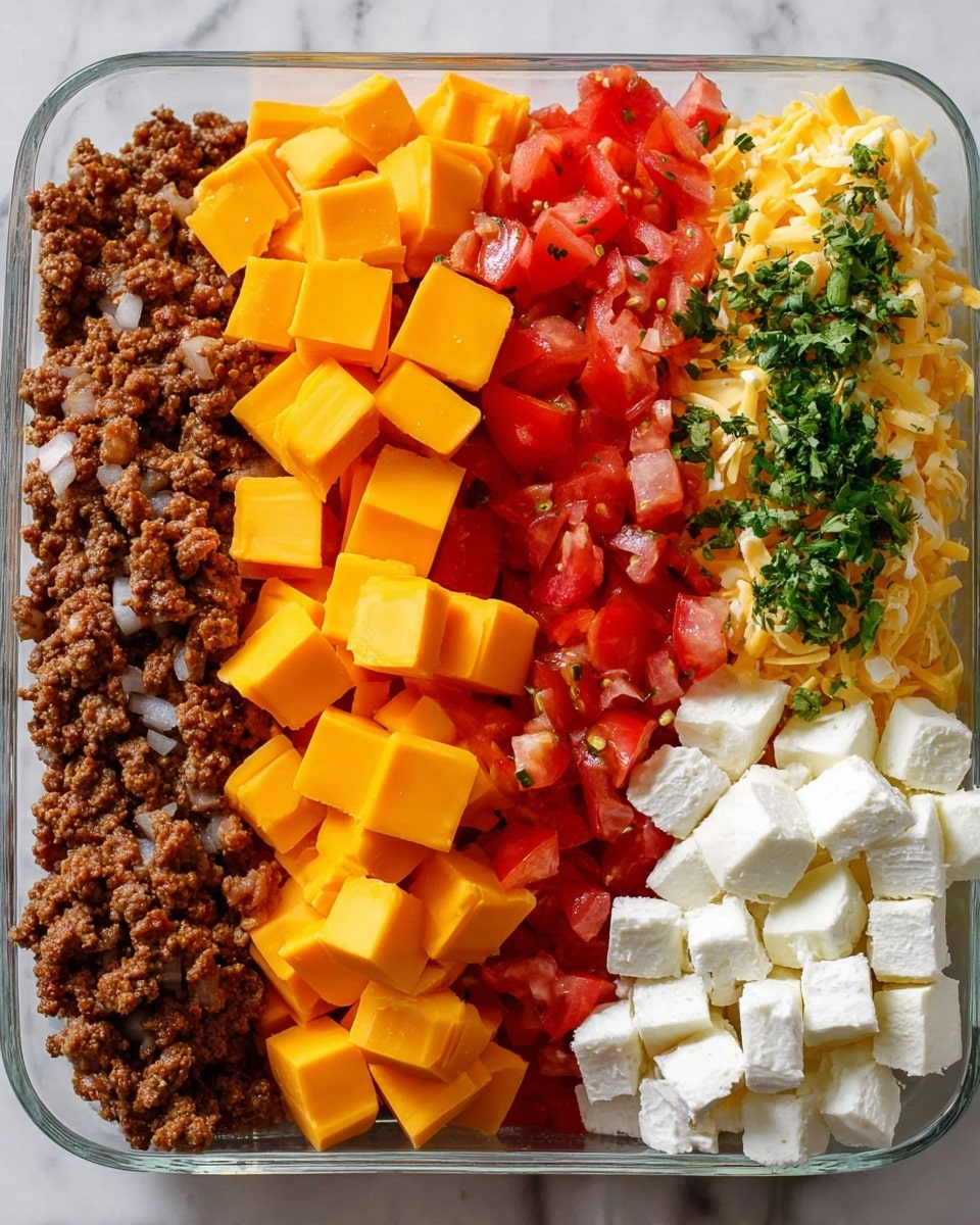 The dish shows five layers neatly placed side by side in a clear glass tray on a white marbled surface. Starting from the left, the first layer is brown cooked ground meat mixed with small pieces of onion, having a crumbly texture. Next to it is a bright orange layer of cubed cheddar cheese with smooth edges. The middle layer consists of chopped fresh tomatoes with a juicy, red appearance. To the right is a layer of pale yellow cheese cubes mixed with small bits of green herbs. The last layer on the far right is soft white cream cheese shaped into uneven chunks. photo taken with an iphone --ar 4:5 --v 7