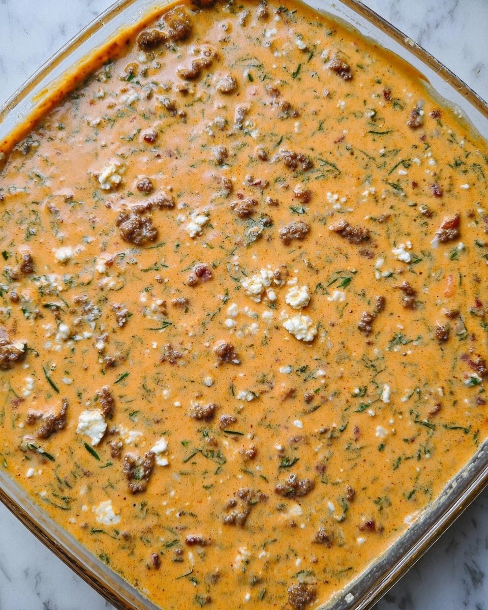 A clear glass dish filled with one thick layer of creamy orange sauce mixed with small pieces of brown meat, green herbs, and bits of white cheese. The sauce has a smooth texture with some small lumps and is spread evenly to cover the whole dish. The background is a white marbled texture. photo taken with an iphone --ar 4:5 --v 7