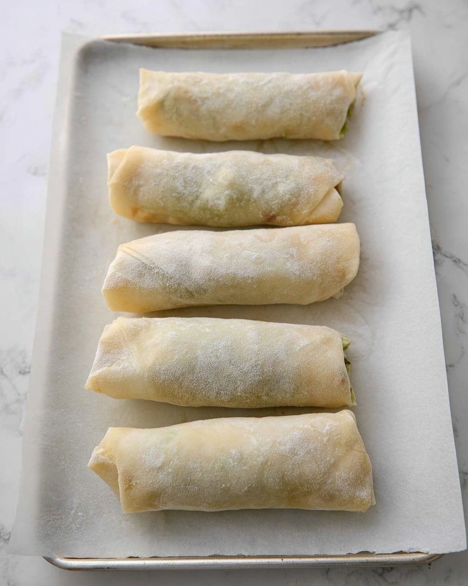 Five rolled spring rolls lie side by side on white baking paper covering a baking tray. Each roll has a pale, smooth outer layer of thin dough with a slightly dusty surface, showing faint hints of green and brown fillings inside. The rolls are evenly spaced, with a soft, rounded shape and sealed edges. The overall colors are light beige with subtle color variations from the filling under the thin dough. The tray sits on a white marbled surface. photo taken with an iphone --ar 4:5 --v 7