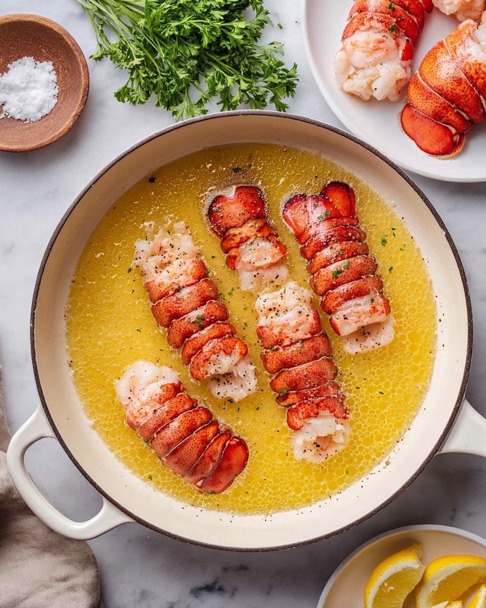 The image shows four lobster tails cooking in a large white pan filled with melted butter. Each lobster tail is bright red with some black pepper sprinkled on top, and they are arranged evenly in the golden-yellow butter, which has a slightly bubbling texture. In the top right corner, there is a white plate holding additional lobster tails that are raw and red with white parts visible. Around the pan, on a white marbled surface, there are fresh green parsley leaves on the top left, a small wooden bowl of coarse salt near the center, and a white plate with lemon wedges at the bottom right. Photo taken with an iphone --ar 4:5 --v 7