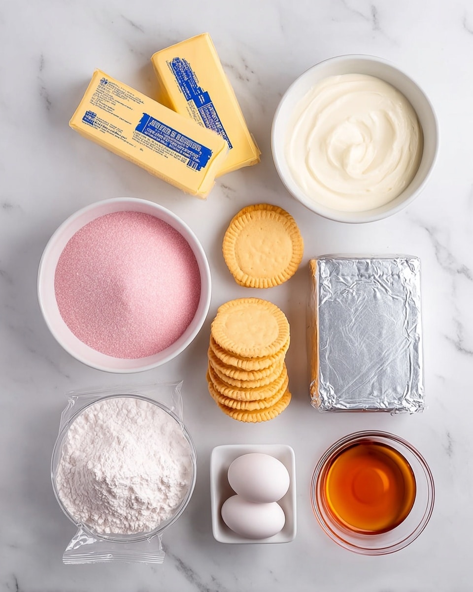 The image shows various baking ingredients neatly arranged on a white marbled surface. At the top center are two sticks of yellow butter with blue text. Below and to the left is a round white bowl filled with pink sugar, next to a larger white bowl with cream. To the right of the cream bowl is a silver wrapped block of cream cheese next to a stack of yellow sandwich cookies with a cream filling. At the bottom left is a clear bag with pink flour powder, next to a small clear bowl of white powdered sugar. To the right of these are two white eggs and a small white square bowl filled with an amber liquid, likely vanilla extract. The ingredients are cleanly spaced and well lit. Photo taken with an iphone --ar 4:5 --v 7