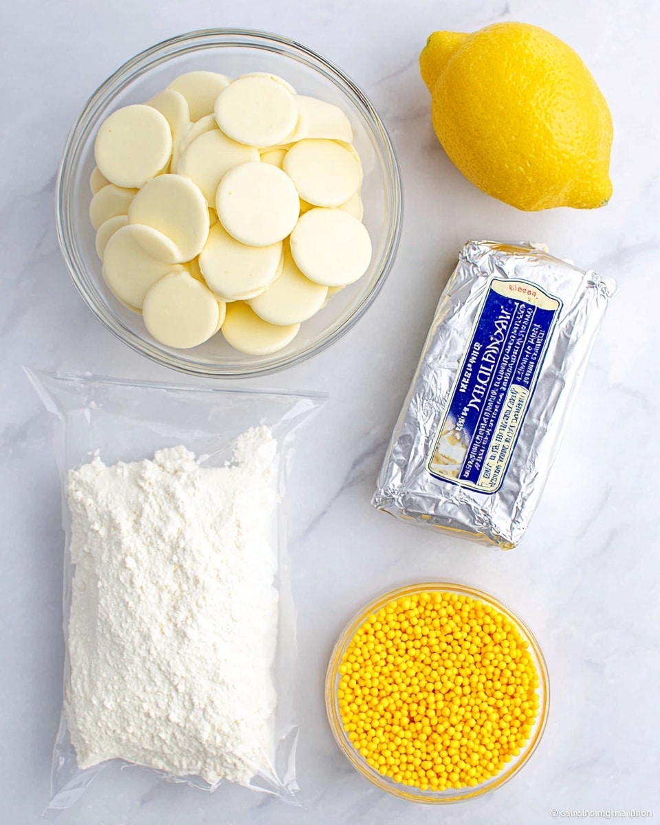 The image shows five ingredients arranged on a white marbled surface. At the top left, there is a clear glass bowl filled with smooth, white chocolate discs, round and stacked neatly. To the right of the bowl is a half of a bright yellow lemon with visible juicy segments. Below the lemon and chocolate discs, there is a silver-wrapped block of Philadelphia cream cheese with blue printed labels. On the bottom left, there is a clear plastic bag filled with white flour, with wrinkles and some powdery texture visible through the packaging. On the bottom right, there is a small clear bowl filled with tiny bright yellow round sprinkles, tightly packed and vibrant in color. Photo taken with an iphone --ar 4:5 --v 7