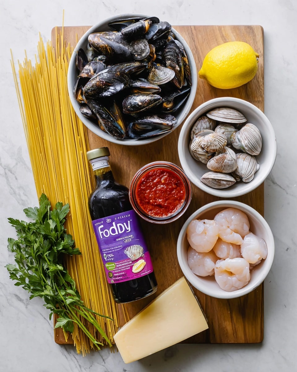 The image shows a top view of various seafood pasta ingredients arranged neatly on a light wooden cutting board placed on a white marbled surface. On the left, there is a bundle of uncooked spaghetti with a pale yellow color. Above the spaghetti, a white bowl holds a mix of clams and shiny black mussels. To the right of the bowl, fresh green parsley and a bright yellow lemon sit together. Two white bowls are stacked vertically on the right side: the top bowl contains raw grey shrimp, while the bottom bowl holds pale scallops. In the center, between the parsley and the seafood bowls, sits a dark bottle of olive oil with a purple label and cap, next to a jar of marinara sauce with a matching purple lid. At the bottom, a wedge of hard cheese rests directly on the cutting board. Photo taken with an iphone --ar 4:5 --v 7