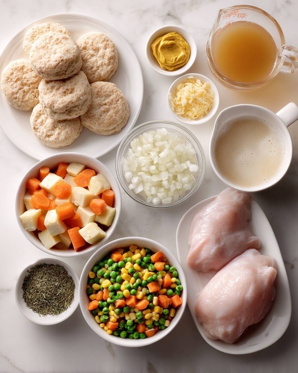 The image shows a top view of various ingredients arranged on a white marbled surface. In the upper left, a white plate holds several round, light beige biscuits stacked slightly overlapping. Next to it are three small white bowls, one with yellowish mustard-like paste, one with small cubes of pale yellow butter, and one with white flour. In the center, a medium white bowl with chopped white onions, and below that another large white bowl filled with mixed frozen veggies including cubes of orange carrots, green beans, peas, and yellow corn. To the right of the onions is a clear glass measuring cup with light cream, and next to it a glass cup filled with golden brown broth. At the bottom right, a white bowl holds two raw chicken pieces pale pink in color. In the lower left, a small white bowl contains a mix of dried green herbs and brownish spices. The whole scene is bright, clean, and neatly organized, photo taken with an iphone --ar 4:5 --v 7