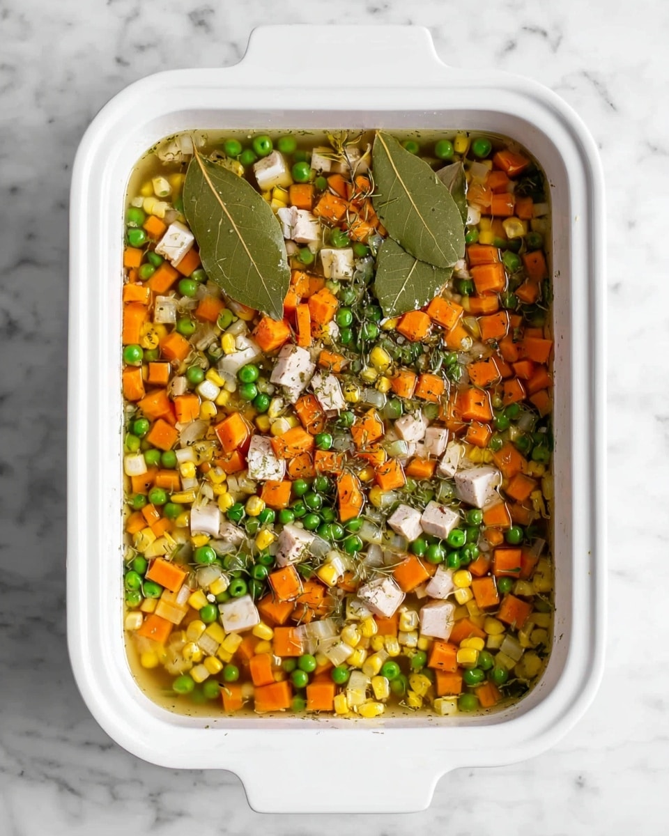 A white rectangular baking dish filled with a mix of colorful ingredients in broth. The dish shows a layer of small diced orange carrots, green peas, chopped white onions, whole green beans, yellow corn kernels, and some small cubes of white tofu or chicken evenly spread on top. There are two large bay leaves placed on the surface. The broth is clear and slightly oily with visible black pepper and dried herbs sprinkled on top. The background is a white marbled surface. Photo taken with an iphone --ar 4:5 --v 7