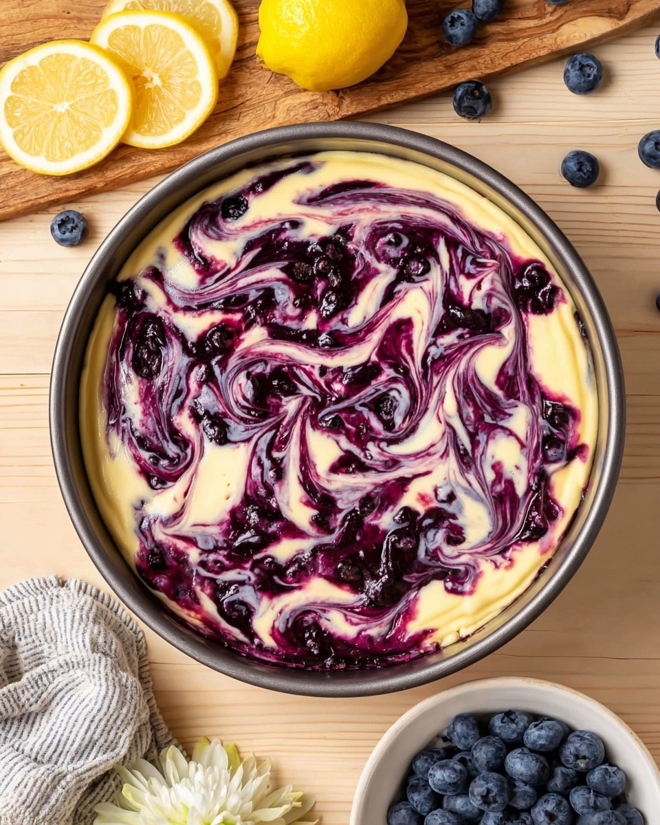 A round cake pan filled with a creamy pale yellow batter base swirled artistically with thick, dark purple blueberry sauce creating a marbled pattern on the surface. The swirls spread irregularly in large and small loops across the entire top of the batter. The pan sits on a light wood surface with lemon slices and scattered blueberries nearby. A white bowl filled with fresh blueberries and a white flower in a small vase are partially visible at the bottom right. Photo taken with an iphone --ar 4:5 --v 7