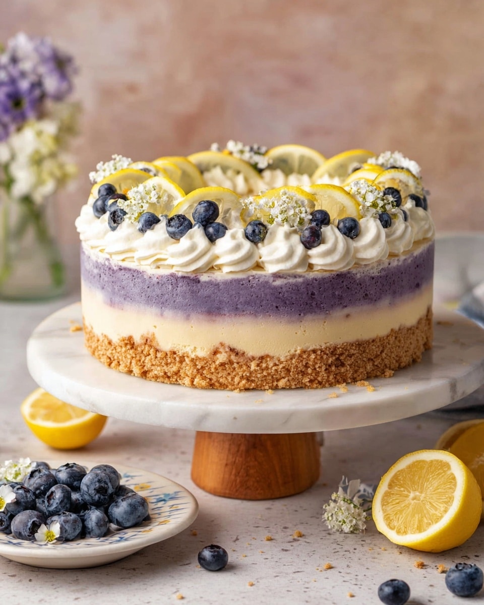 A round cake sits on a white marble cake stand with a wooden base. The cake has three visible layers: a thick light brown bottom layer, a middle purple-blue mixed layer indicating berries, and a crumbly pale yellow top layer. On the very top, piped white cream forms a decorative ring along the edge. On this cream ring, thin lemon slices and small clusters of dark blue blueberries are lovingly placed, along with a few small white flowers. Around the cake on the white marbled surface, scattered blueberries and lemon slices add color. Next to the cake, a white plate holds a pile of blueberries topped with a few lemon slices and a small white flower. In the background, a small clear vase with light-colored flowers sits softly out of focus. photo taken with an iphone --ar 4:5 --v 7