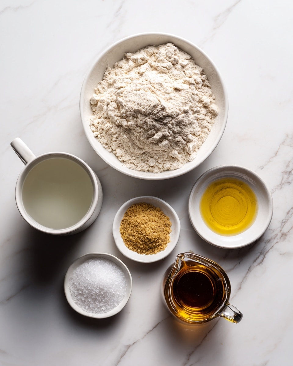 A top view of six ingredients placed on a white marbled surface, including a white mug filled with clear lukewarm water on the left, a large white bowl heaped with light beige all-purpose flour in the upper center, and four small white bowls to the right and below with instant yeast in light tan granules, white salt crystals, dark golden honey, and dark olive oil in a small glass pitcher with a handle. The ingredients are spaced out neatly with clear differences in color and texture, showing smooth water, powdery flour, grainy yeast, coarse salt, thick honey, and shiny olive oil. Photo taken with an iphone --ar 4:5 --v 7
