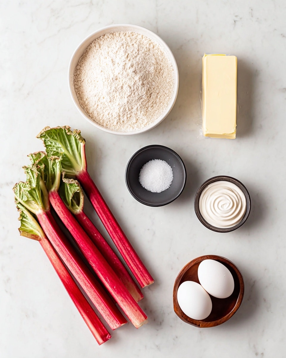 The image shows five fresh red stalks of rhubarb with green leafy tops at the bottom left on a white marbled surface. Nearby, a round white bowl filled with light beige flour is on the top left. A stick of pale yellow butter is placed to the top right. A small black bowl holds coarse salt and is positioned below the flour. Next to this, a shallow white bowl contains granulated white sugar with a swirl pattern on top. At the bottom right, two white eggs rest inside a small round wooden bowl. The arrangement is neat and spaced out with soft, natural lighting. Photo taken with an iphone --ar 4:5 --v 7