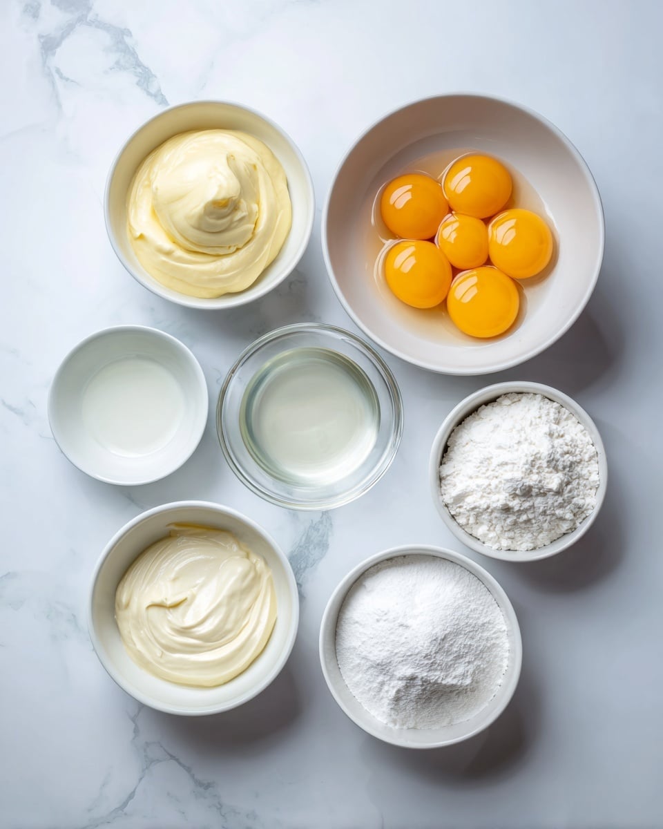 The image shows eight small white bowls arranged on a white marbled surface. The top left bowl contains a smooth, pale yellow creamy substance. Next to it on the right is a bowl with a white, thick powder. Below these, a large white bowl holds six orange egg yolks, bright and glossy. Below the yolks, there is a clear liquid in a small bowl, and next to it on the left is a slightly bigger bowl with a light cream-colored creamy mixture that is smooth with swirls. Below it, another bowl holds white powder, also with swirl marks on the surface. Centered between these are two clear bowls, one with a white liquid and a smaller one with a clear liquid. The whole setup is neat and clean. photo taken with an iphone --ar 4:5 --v 7