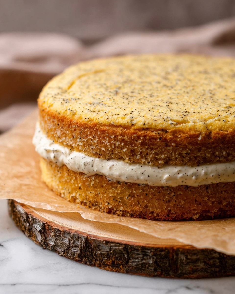 A two-layer round cake with a light golden color dotted with small dark specks, showing a soft, slightly crumbly texture. Between the layers, there is a smooth cream filling that is off-white and evenly spread but slightly visible around the edges. The cake sits on a piece of parchment paper that is placed over a rustic wood slice with bark edges, all set on a white marbled surface. The photo is close up, focusing on the side and top of the cake with soft natural light. Photo taken with an iphone --ar 4:5 --v 7