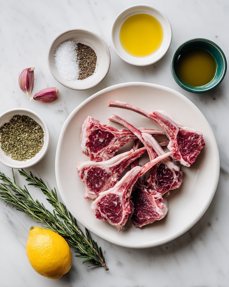 The image shows a white plate with several raw lamb chops arranged in a fan shape, showing their red and white marbled meat and bones. Around the plate on a white marbled surface are small white bowls containing coarse white salt, ground black pepper, and dried green oregano. A small white bowl holds two cloves of purple-skinned garlic. Another white bowl with dark speckles contains a light yellow vegetable oil, while a dark green bowl holds golden olive oil. A whole yellow lemon and a fresh green rosemary sprig are also placed on the surface. The layout is neat, with the ingredients spread out clearly for visibility photo taken with an iphone --ar 4:5 --v 7