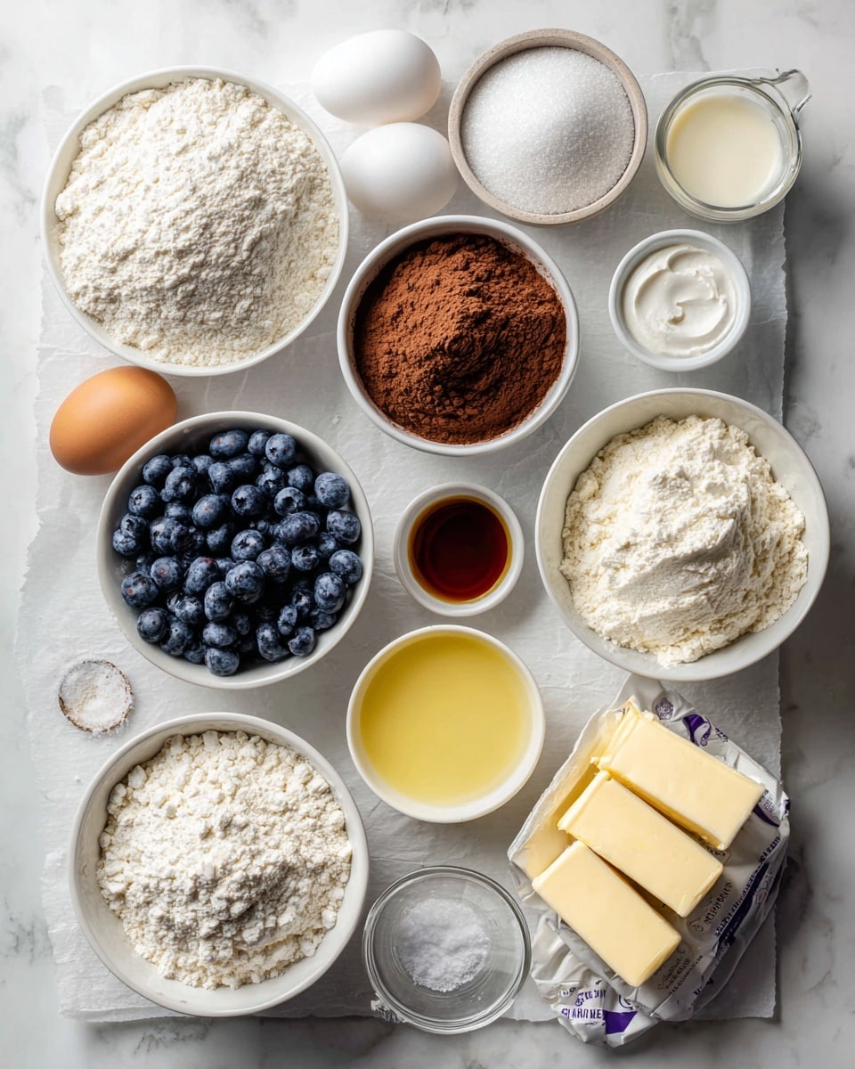 The image shows several ingredients on a white marbled surface, arranged neatly on a piece of parchment paper. There are nine white bowls and one clear glass bowl, each containing different ingredients: the top-left bowl holds white gluten-free all-purpose flour, next to it a bowl filled with white granulated sugar, below the sugar is a bowl with light brown cocoa powder, and under that is a large bowl with white powdered sugar. Another white bowl near the bottom holds fresh, dark blue blueberries. A small clear glass bowl holds a dark amber liquid labeled vanilla, and another clear bowl has two white eggs. A small white bowl contains white salt, next to it a small bowl with white baking powder and baking soda mixed, while a white bowl with bright yellow vegetable oil is on the left side. Two sticks of yellow vegan butter and a block of vegan cream cheese wrapped in white and purple packaging sit at the bottom right. On the top right, a clear measuring cup is filled with light beige almond milk. All items are labeled and spaced evenly in an overhead view. Photo taken with an iphone --ar 4:5 --v 7