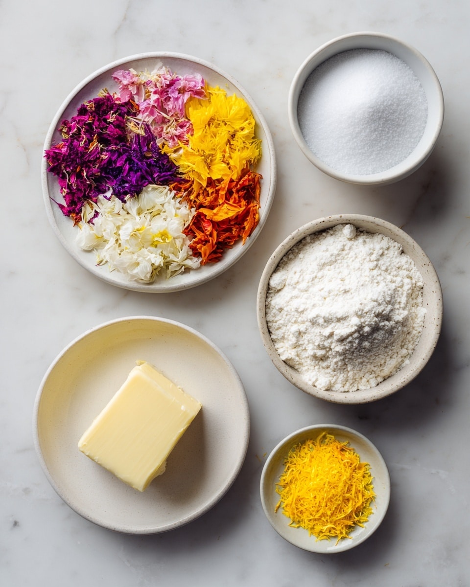 A top-down view of six white dishes on a white marbled surface, each with different ingredients: a round plate filled with colorful edible flowers showing layers of yellow, pink, orange, white, and purple petals clustered closely together at the top center; a small round bowl of fine white sugar to the right; a larger bowl filled with white flour with a soft powdery texture below the sugar; a round plate holding a pale yellow stick of butter on the left side; a tiny bowl of coarse white salt below the butter; and a small bowl of bright yellow lemon zest with a shredded texture placed to the right of the salt. photo taken with an iphone --ar 4:5 --v 7