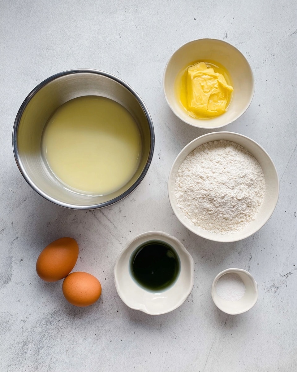 The image shows five small white bowls and one large silver mixing bowl on a white marbled surface. The large silver bowl at the left contains a pale yellow liquid. To the right, the top white bowl holds melted yellow butter with a smooth texture. Below it, a small white bowl has a dark green liquid. Beneath that, another white bowl contains two whole brown eggs. To the far right, a white bowl is filled with white granulated sugar, flour, and a small pile of white powder. The arrangement is neat and spaced evenly. Photo taken with an iphone --ar 4:5 --v 7