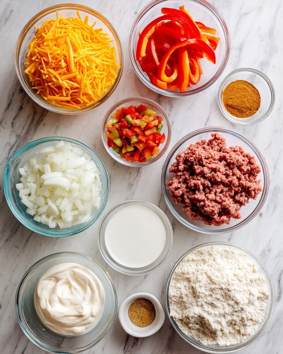 This image shows nine clear glass bowls arranged on a white marbled surface, each containing different ingredients for a recipe. Starting from the top left, there is a bowl filled with bright orange shredded cheddar cheese, below it a bowl with white chopped onions, and to the left, a bowl with sliced red pepper strips. To the right of the onions, a bowl contains small diced tomatoes and peppers in liquid (Rotel), beside that is a bowl filled with ground beef which is pink and coarse in texture. Below the ground beef and Rotel, there is a small bowl of golden-brown taco seasoning powder. Next to the taco seasoning, a clear bowl holds transparent water. At the bottom left, two bowls contain creamy white sour cream and creamy white mayonnaise, and at the bottom right there is a large bowl filled with white Bisquick biscuit mix. Photo taken with an iphone --ar 4:5 --v 7