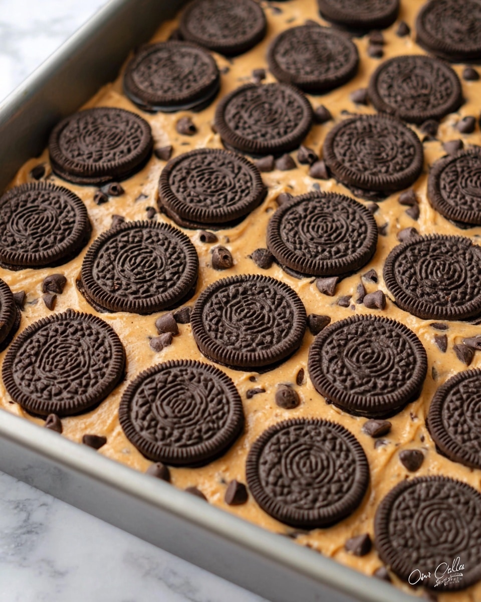 A baking tray filled with a thick layer of light brown cookie dough with visible dark chocolate chips spread evenly across the bottom, topped with a neat single layer of whole Oreo cookies placed close together, each cookie showing its detailed embossed design. The tray sits on a white marbled surface. photo taken with an iphone --ar 4:5 --v 7