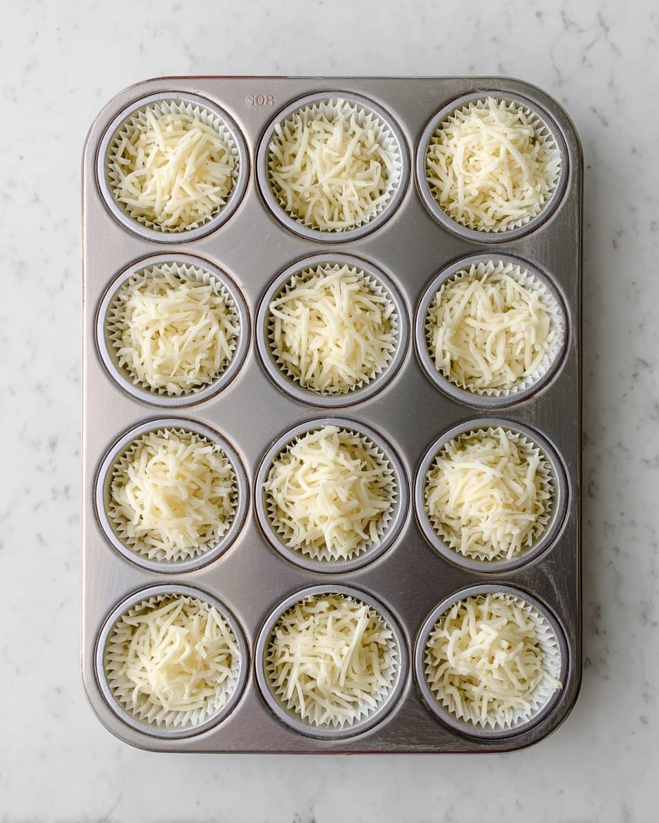 A metal muffin tray with twelve round cups is shown from above, each cup filled with a small pile of shredded white cheese. The cheese strands are thin and loosely packed in each cup, showing a soft texture. The tray rests on a white marbled surface, creating a clean and simple background. No other items or colors are in the image, focusing fully on the cheese in the muffin tray. photo taken with an iphone --ar 4:5 --v 7