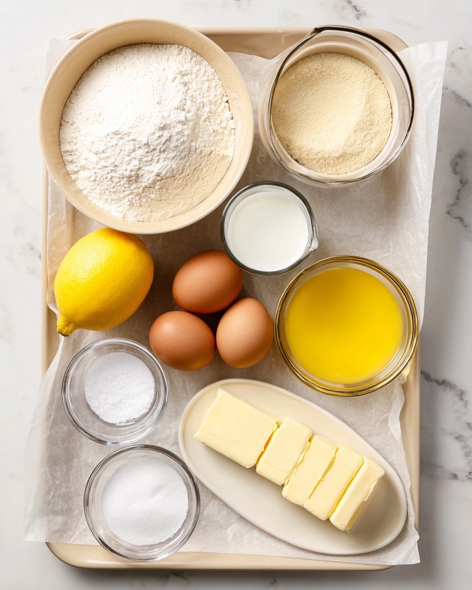 A beige tray lined with white parchment paper holds ingredients neatly placed in separate round and oval containers: a large beige bowl filled with white flour, a small glass bowl with beige yeast, a medium beige bowl of white granulated sugar, and a tiny glass bowl with white salt. There is a clear glass cup of white milk, a bright yellow lemon in the center, three whole brown eggs close together, a small clear glass bowl filled with bright yellow liquid, and a white oval plate holding two sticks of pale yellow butter. The tray rests on a white marbled surface. photo taken with an iphone --ar 4:5 --v 7