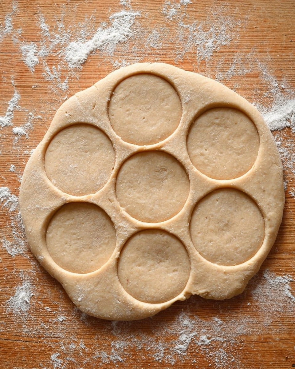 The image shows a piece of light brown dough rolled out flat on a wooden surface with some white flour sprinkled around. Seven round shapes have been pressed into the dough with clean edges, creating seven circles spaced evenly close together. The dough texture looks soft and slightly smooth with a few small air bubbles visible. The wooden surface beneath has a warm tone with visible grain patterns around the dough. photo taken with an iphone --ar 4:5 --v 7