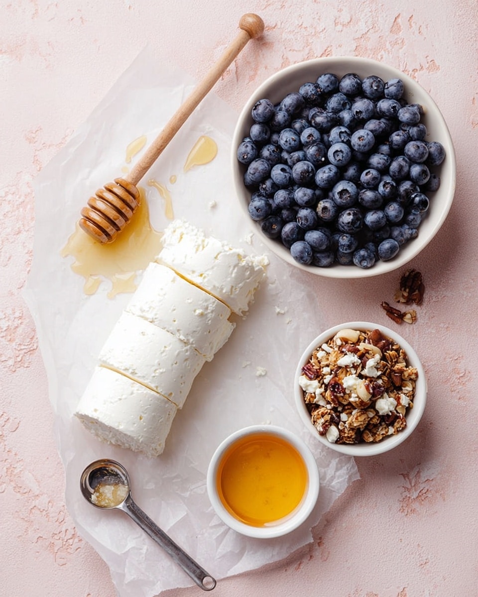 The image shows a white bowl full of fresh blueberries on the upper right side, next to a roll of white creamy cheese sliced into three pieces on a piece of parchment paper on the left. Below the cheese, there is a wooden honey dipper with some honey pooling on the white marbled surface beneath it. On the lower right, there is a small white dish filled with golden honey, and next to it on the lower center is another small white dish containing crunchy granola with different nuts. A metal measuring spoon rests next to the granola dish. The whole scene is set on a pale pink textured background that contrasts with the white dishes and the food items photo taken with an iphone --ar 4:5 --v 7