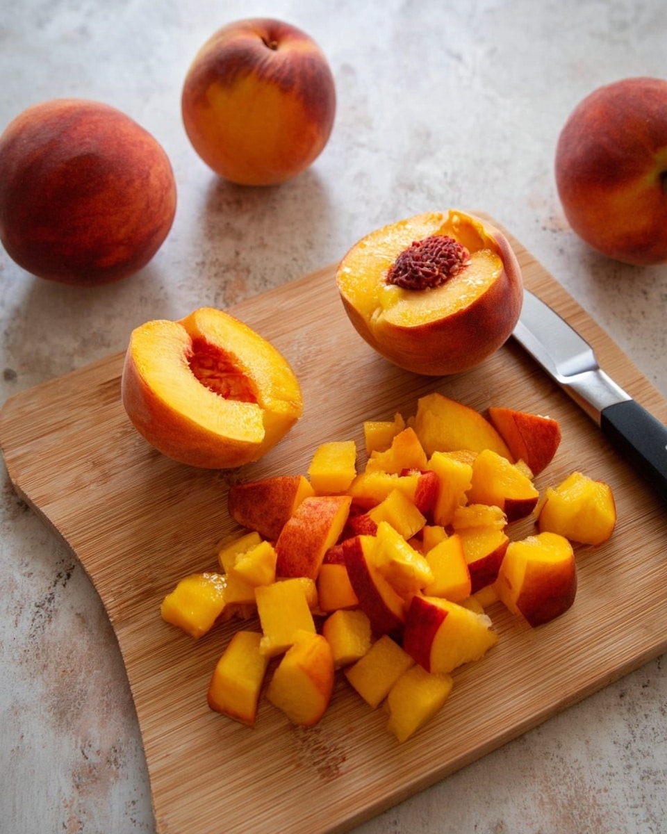 The image shows a wooden cutting board placed on a white marbled surface with four whole peaches at the top. On the board, one peach is halved showing its bright orange flesh and pit. Next to it, there are several peach pieces cut into small cubes with vibrant orange and reddish skin. A small knife with a black handle lies horizontally above the cut peach pieces. The light in the image is soft and natural, highlighting the colorful fruit and wooden board. photo taken with an iphone --ar 4:5 --v 7