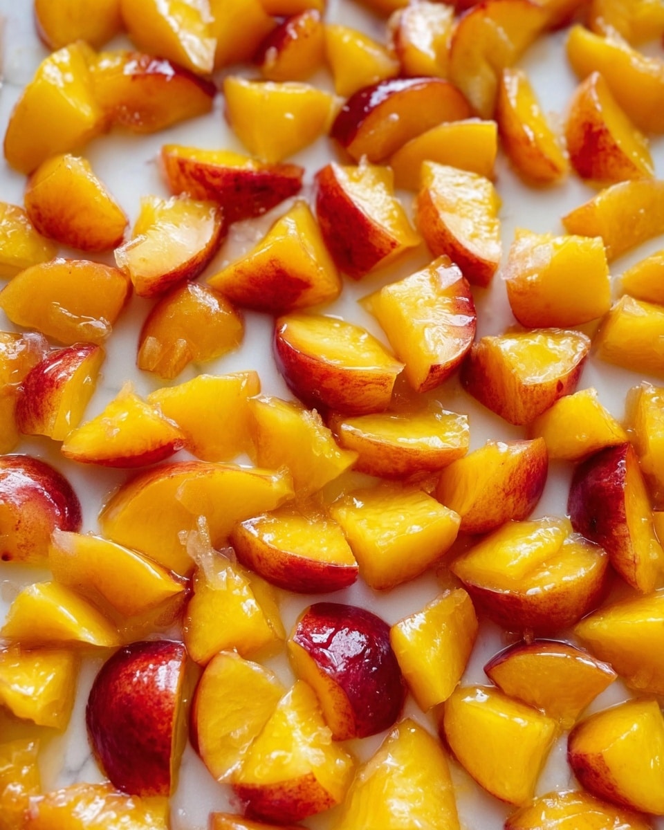 The image shows many small pieces of yellow and reddish peach slices spread evenly across a shiny surface, with a light syrup coating that makes the fruit look moist and juicy. The texture of the peach skin is smooth with slight red patches, while the inside flesh is yellow and soft. The pieces are all similar in size and irregular shapes, covering the whole visible area. The background is a white marbled texture. photo taken with an iphone --ar 4:5 --v 7