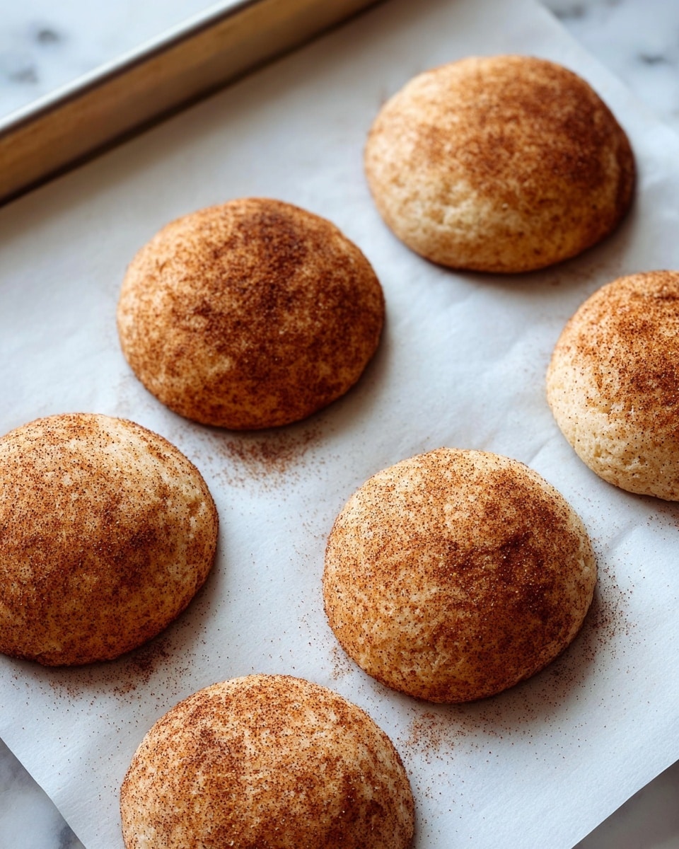 The image shows six round, soft cookies with a rough texture, light brown in color with a cinnamon-like dusting on top. They are placed evenly on white parchment paper which covers a metal baking tray. The cookies have a slightly dome shape and a warm, baked look. The background surface is a white marbled texture. photo taken with an iphone --ar 4:5 --v 7