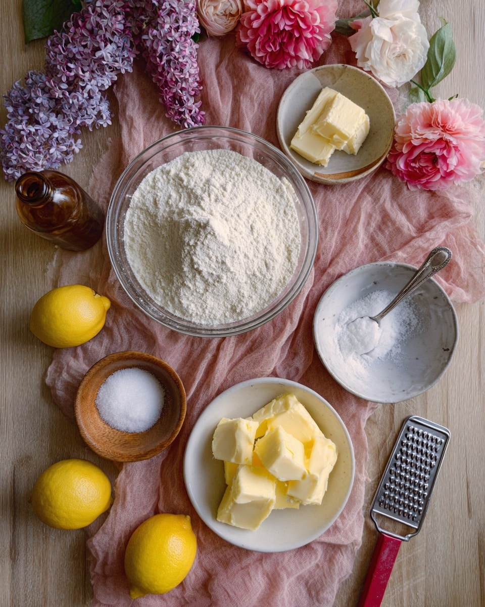 The image shows a top view of baking ingredients arranged on a wooden table with a soft dusty pink cloth underneath. In the center is a clear glass bowl full of white flour. To the front right is a white bowl holding several soft yellow butter chunks with a spoon on the side. Next to the flour bowl on the right, there is a small glass bowl with white sugar, and two bright yellow lemons lie beside it. In the lower left corner, a small wooden bowl contains powdered sugar, and above it rests a brown bottle, partially obscured by some pink and purple flowers that fill the top left corner of the image. A long red and white grater lies flat on the right side. The overall scene combines natural textures and soft pastel colors on a white marbled surface. Photo taken with an iphone --ar 4:5 --v 7