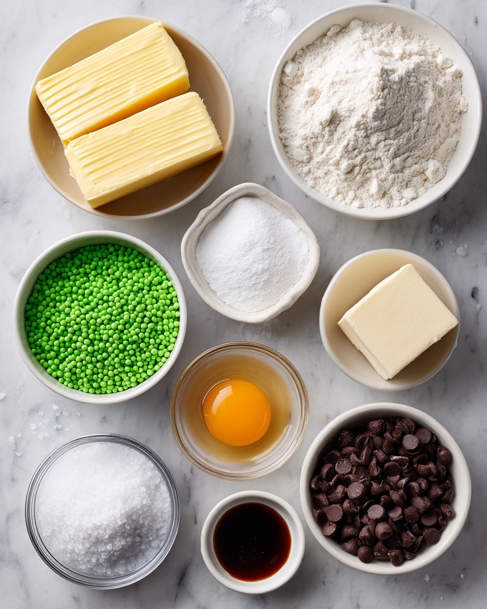 The image shows several small white bowls arranged on a white marbled surface, each containing different baking ingredients. One bowl contains two thick sticks of yellow butter, another is filled with bright green round sprinkles, and a larger bowl holds white all-purpose flour with a soft, powdery texture. A smaller bowl has white confectioners’ sugar, also powdery and smooth. There is a clear bowl with a raw egg showing a yellow yolk and clear egg white, and another small bowl contains a light beige square of shortening. A glass bowl shows dark brown chocolate chips that are small and round. Two tiny white bowls hold white baking powder and salt, each appearing as fine powders. Lastly, a small white bowl contains a dark brown liquid, vanilla extract, creating a contrast with the lighter ingredients. All bowls are neatly spaced, creating a clean and organized layout. Photo taken with an iphone --ar 4:5 --v 7