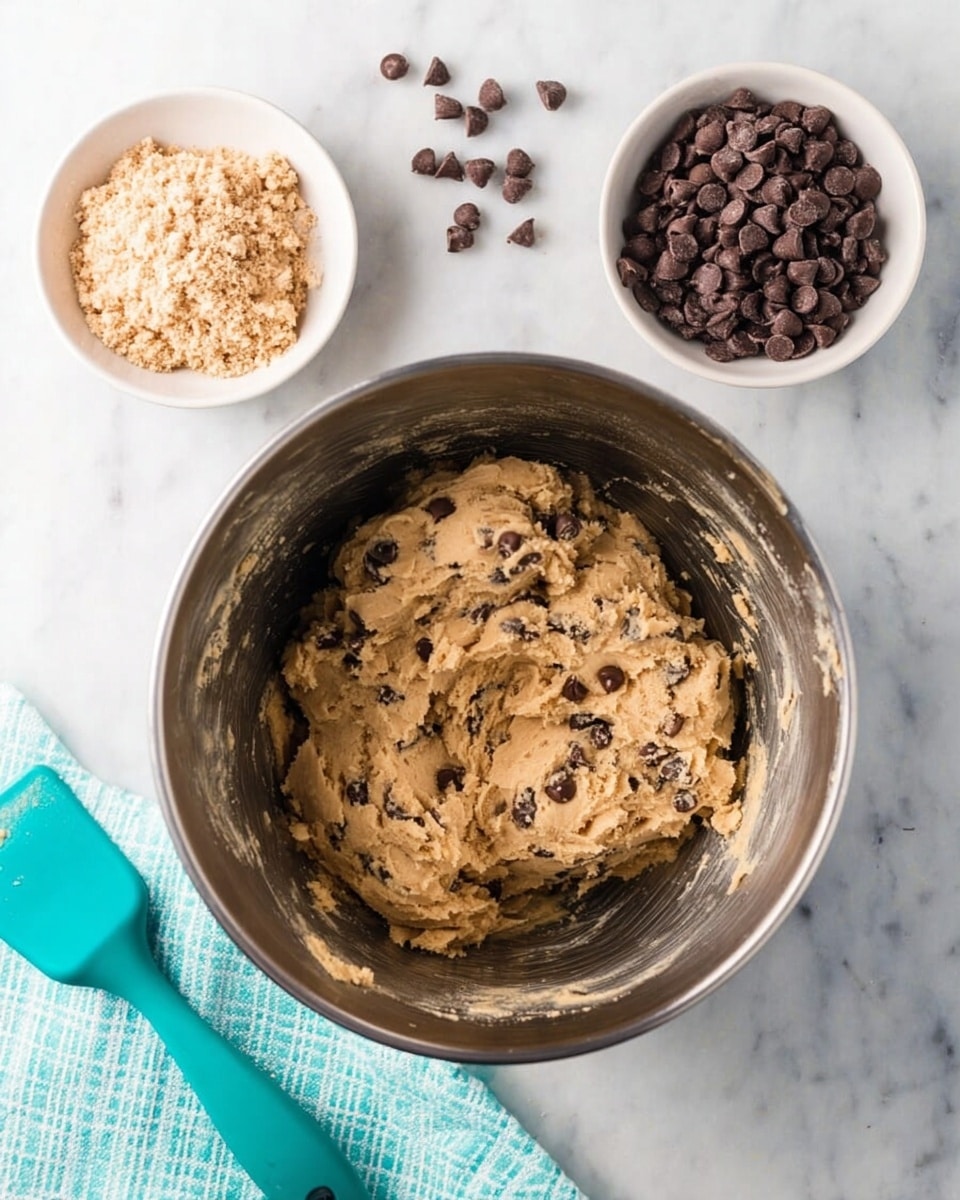 In the center, a large metal bowl holds thick, tan cookie dough with small dark chocolate chips spread throughout, showing a slightly rough texture with dough sticking to the sides. Above it, two small white bowls are placed side by side; one filled with crushed light brown bits and the other with smooth round dark brown chocolate chips. A turquoise spatula with some dough on it lies on the white marbled surface, next to a turquoise cloth with white grid lines, adding a soft touch to the scene. photo taken with an iphone --ar 4:5 --v 7