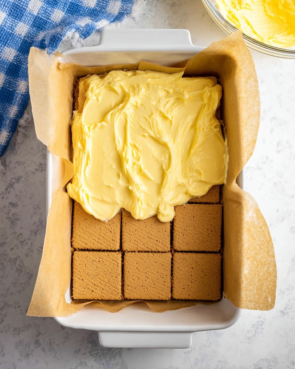 A white rectangular baking dish lined with brown parchment paper holds two layers: the bottom layer is a neatly arranged grid of square golden-brown graham crackers, and the top layer is a thick, creamy yellow custard-like spread partially covering the graham crackers on one side. The dish is set on a white marbled surface, with a blue and white checkered cloth in the corner and a white bowl with a yellow rim visible nearby photo taken with an iphone --ar 4:5 --v 7