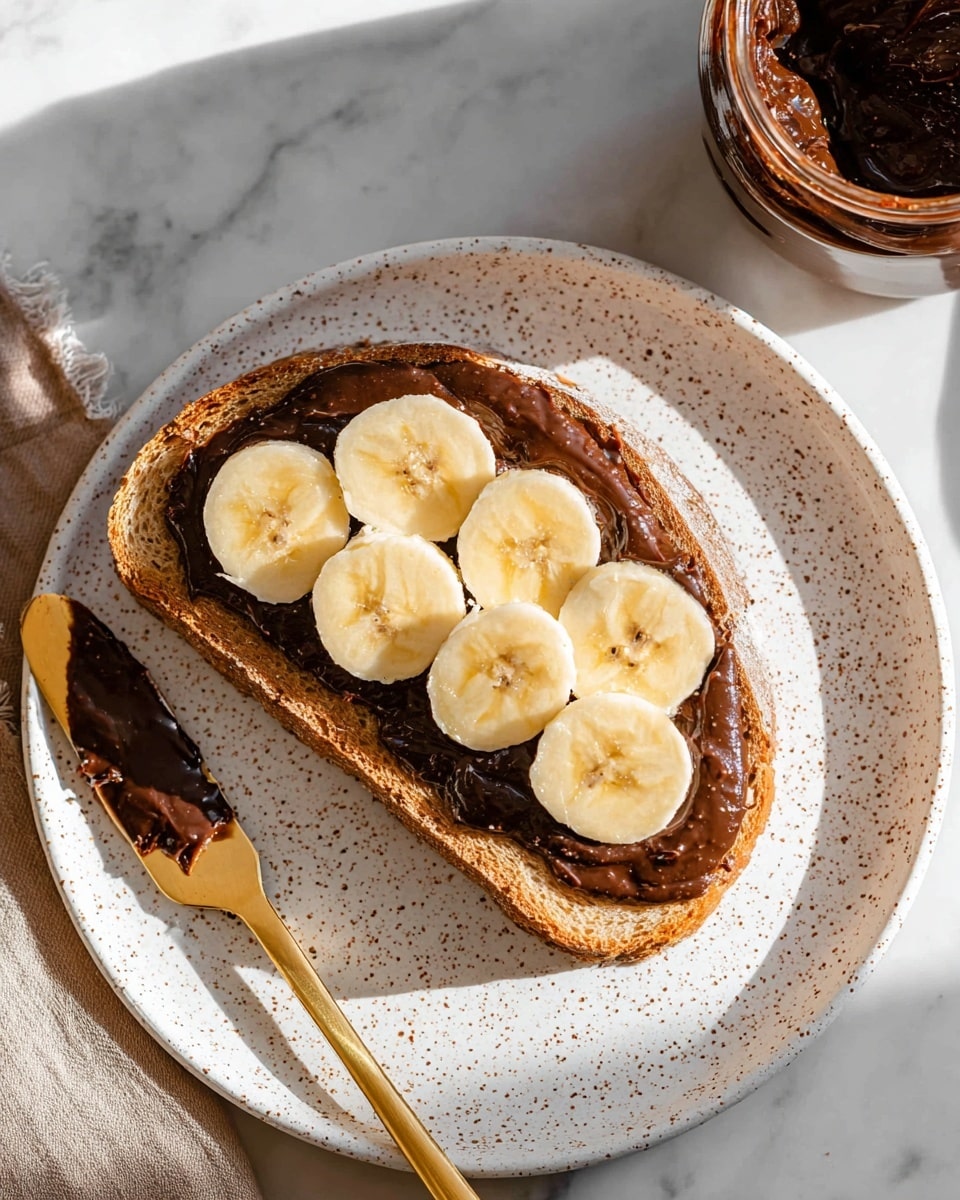 A slice of light golden toasted bread with a rough texture is placed on a white speckled plate. The bread is spread with one thick layer of dark, rich chocolate spread. On top of the chocolate spread, there are two neat rows of evenly cut banana slices, each circular slice pale yellow with a soft texture. To the left of the toast on the plate lies a gold butter knife with a dark chocolate spread coating on its blade. In the upper right corner, a glass jar filled with the same dark chocolate spread is partially visible. The whole scene is set on a white marbled surface with soft natural light casting slight shadows. photo taken with an iphone --ar 4:5 --v 7
