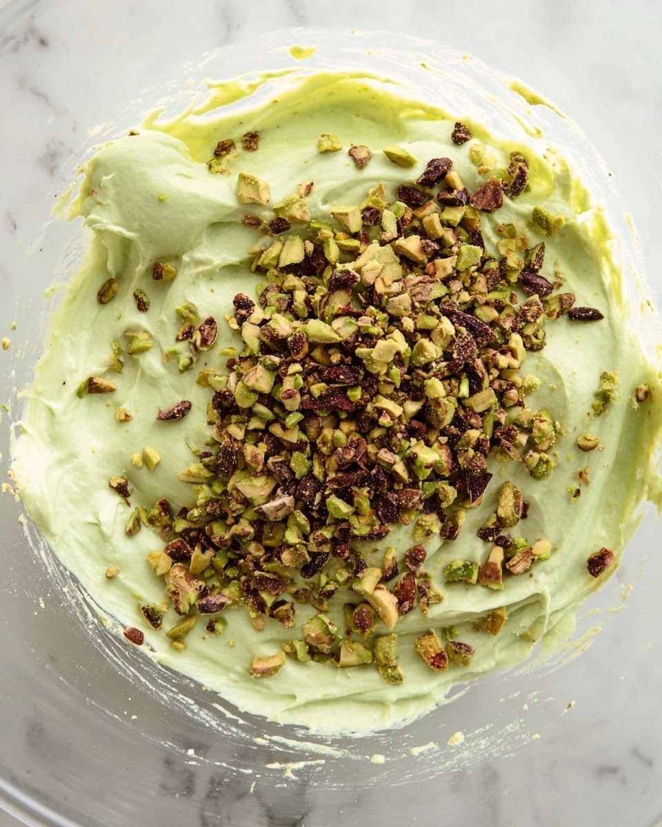 This image shows a close-up of a creamy pale green mixture in a clear bowl with rough texture and swirled patterns along the sides. On top of the mixture, there is a scattered pile of chopped pistachio nuts in shades of dark browns and green, adding a crunchy contrast to the smooth cream. The image is set on a white marbled surface. photo taken with an iphone --ar 4:5 --v 7