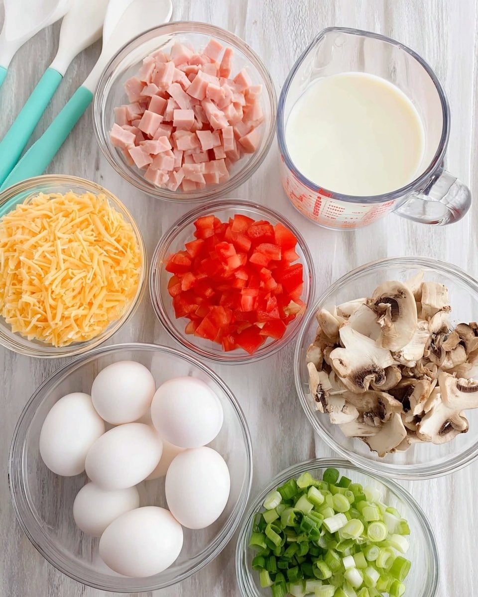 The image shows several clear glass bowls arranged on a white marbled surface, each filled with different ingredients. There is a bowl with four white eggs at the center bottom, a bowl with chopped light pink ham to the upper right, a bowl with diced red tomatoes at the top center, a bowl with chopped green onions to the right, a bowl of small chopped brown and white mushrooms at the bottom right, a bowl with shredded yellow cheese at the top left, and a glass measuring cup in the center filled with white milk. Two white and turquoise kitchen tools lie next to the bowls on the left. photo taken with an iphone --ar 4:5 --v 7