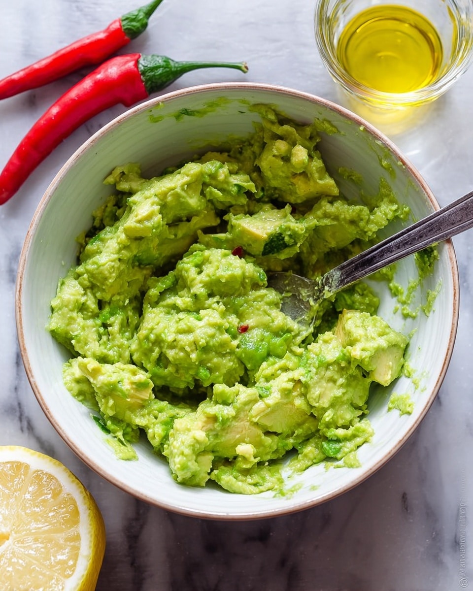 A close-up of a white bowl filled with partly mashed bright green avocado with small, soft chunks visible throughout, a silver spoon partially submerged inside the avocado mixture, the bowl placed on a white marbled surface. Around the bowl are a halved yellow lemon on the lower left and two long chili peppers—one red and one green—on the upper left, with a clear glass container holding a small amount of yellow oil positioned near the top right of the bowl. The avocado mixture fills the bowl about two-thirds and has a smooth but slightly chunky texture. Photo taken with an iphone --ar 4:5 --v 7