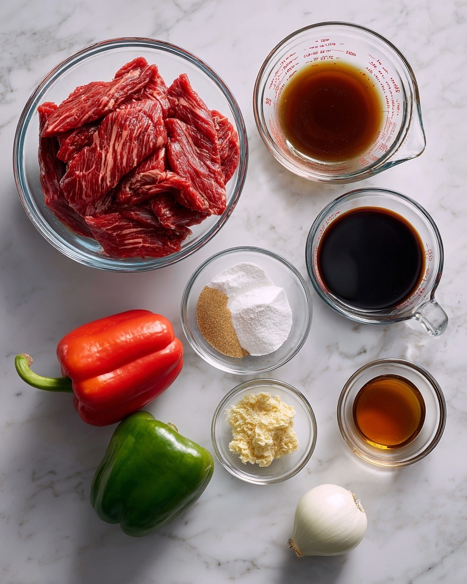 The image shows multiple ingredients arranged neatly on a white marbled surface. At the top left, there is a clear bowl filled with thin sliced red flank steak that has visible marbling. To the right, there are two clear glass measuring cups, one with dark soy sauce and the other with brownish beef broth. Below the steak bowl, smaller glass bowls contain light brown sugar, white cornstarch, dark oyster sauce, pale yellow ginger paste, and light minced garlic. On the bottom left, two whole bell peppers, one red and one green, are placed next to a small white onion. At the bottom right, there is a small glass cup with dark amber sesame oil. The colors are vibrant and the containers are transparent, showing the textures and layers clearly. The photo taken with an iphone --ar 4:5 --v 7
