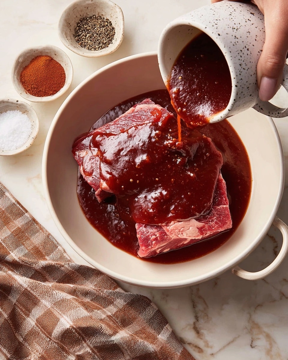A white bowl holds two pieces of raw meat with some fat on the edges, covered with a thick, dark red sauce being poured from a white speckled mug held by a woman's hand. The sauce coats the top and sides of the meat, with some pooling at the bottom of the bowl. Around the bowl, there are three small white bowls with different spices: black pepper, salt, and a reddish-brown powder. The surface beneath everything is a white marbled texture, and a brown and white checkered cloth is partly visible on the left side. Photo taken with an iphone --ar 4:5 --v 7