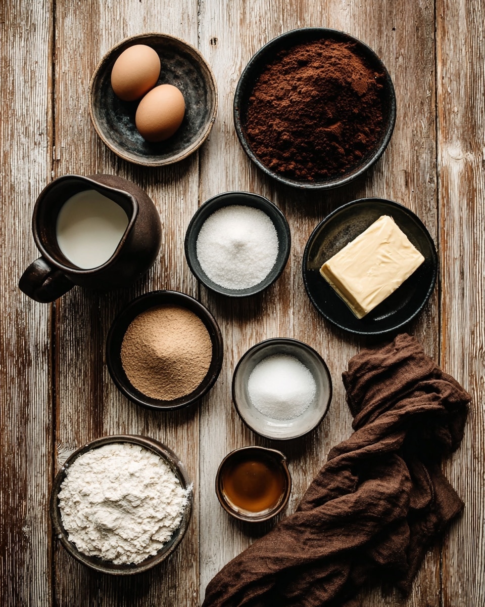 A top-down view shows nine small black bowls and an old black jug with milk arranged on a rustic, light wood surface. The bowls contain different baking ingredients: dark brown cocoa powder at the top right, two brown eggs on the left side below the jug, white granulated sugar to the right of the eggs, light brown sugar below the white sugar, a dark liquid below the brown sugar, a square slab of light yellow butter to the right below the dark liquid, a small brown liquid in a tiny bowl to the right of the butter, white flour below the eggs, and white baking powder below the flour. A dark brown cloth loosely wraps around the right side of the bowls and jug, adding texture to the scene. photo taken with an iphone --ar 4:5 --v 7