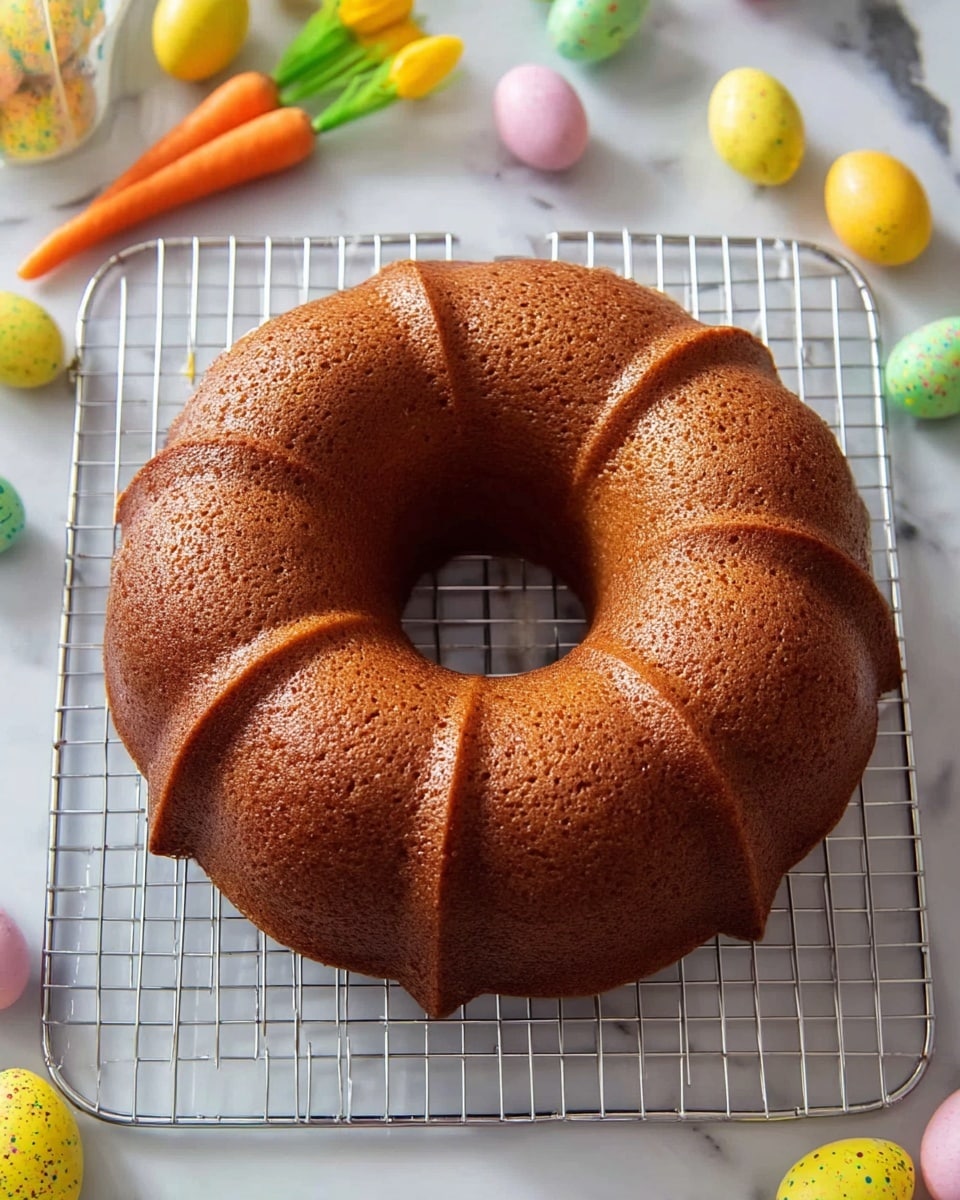 A round bundt cake with a brown, smooth surface and defined ridges sits centered on a silver cooling rack. The cake has an even, golden-brown color with a slightly glossy top. The cooling rack is placed on a white marbled surface scattered with pastel-colored speckled Easter eggs in yellow, green, blue, and pink around the edges. Nearby, there are small orange carrots with green tops and hints of soft yellow and orange decorations slightly blurred in the background. Photo taken with an iphone --ar 4:5 --v 7